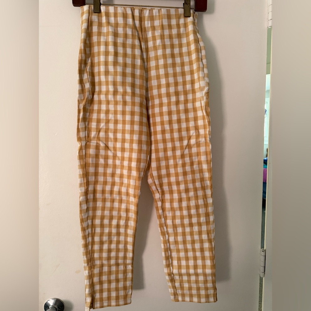 Who What Wear Yellow and White Gingham Check Cropped Ankle Pants